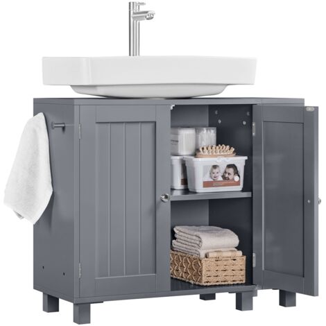 Yaheetech Mobile Sottolavabo con Ripiani Regolabili Armadio da Bagno Autoportante con Apertura a U Mobile da Bagno a Due Ante con Scaffale Laterale Aperto e Ganci (Grigio Scuro)