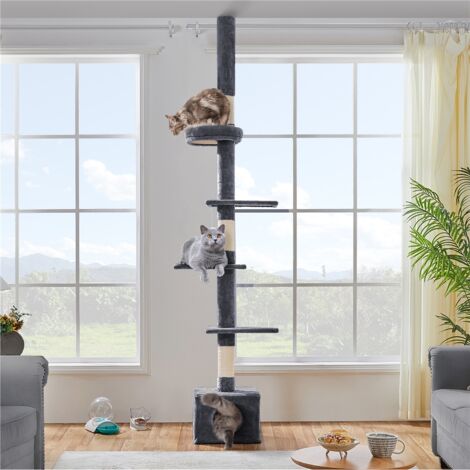 Yaheetech Albero per Gatti a Soffitto Regolabile in Altezza Tiragraffi a Torre per Gatti dal Pavimento al Soffitto con Grotta Trespolo Pallina Appesa 226-265,5 cm di Altezza Grigio Scuro