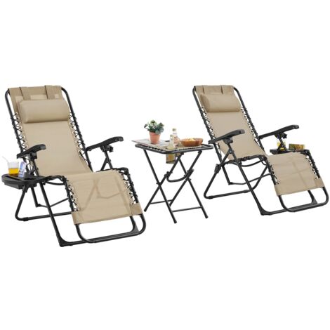 Yaheetech Set di 2 Sedie Sdraio da Giardino Zero Gravity e Tavolino con Portabicchieri, Set Sedie Pieghevoli con Poggiatesta, Portabicchieri, Pedale, Schienale Regolabile (Nero)