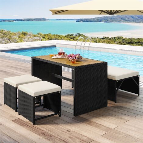 Yaheetech 2 in 1 Set Mobili da Giardino in Rattan PE con 1 Panca Trasformabile in Divano, 1 Tavolo e 2 Pouf, Ideale per Balcone Terrazza Patio Nero e Beige