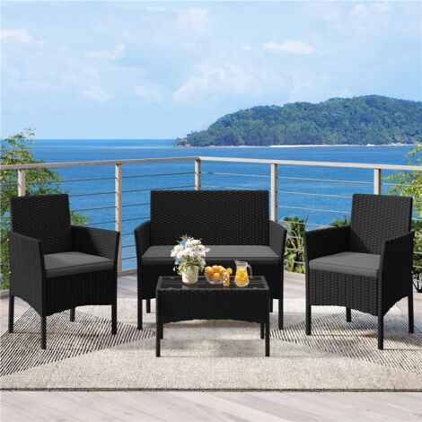 Yaheetech Set da Giardino in Rattan, 4 Posti, con divano a 2 posti, 2 sedie, tavolo e cuscini per seduta resistente alle intemperie, Salotto da Siardino Esterno (Rattan Nero, Cuscini Grigi)