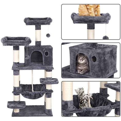 Yaheetech Tiragraffi Albero per Gatti Adulti con Giocchi per Gatto 61 x 51  x 147 cm 2 Palline Amaca Cuccia Graffiatoio in Corda Sisal Naturale Grigio