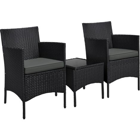 Yaheetech Set Mobili da Giardino 2 Poltrone con Cuscini e 1 Tavolino in Rattan PE Impermeabile per Esterno Nero/Grigio