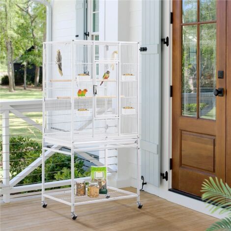 Gabbia Per Pappagalli E Grandi Uccelli Pet's Solution – 76x60x156 Cm, Bianca, Con Ruote, Posatoi E Ciotole Incluse