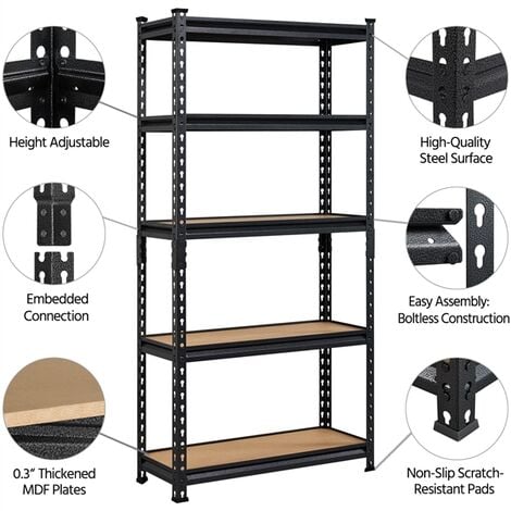 Yaheetech Scaffale/Scaffalatura Garage in Acciaio 153 x 75 x 30 cm a 5 Ripiani Regolabili da Magazzino Carico Massimo per Ripiano 175 KG Nero