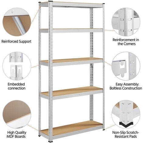 Yaheetech Scaffale Scaffalatura 180 x 90 x 30 cm a 5 Ripiani da Garage in Metallo Carico 175kg Argento
