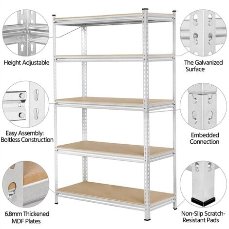 Yaheetech Scaffale/Scaffalatura Garage in Acciaio 153 x 75 x 30 cm a 5  Ripiani Regolabili da Magazzino Carico Massimo per Ripiano 175 KG Argento