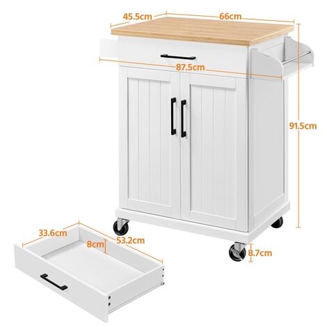 Yaheetech Carrello da Cucina con Ruote Carrello di Servizio con Cassetto Carrellino Portaoggetti Multiuso Salvaspazio a 2 Ante Stile Moderno Porta Microonde Bianco