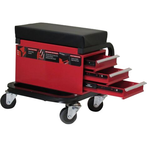 Mechanic Creeper Seat Workshop Trolley  With Drawers (Padded Garage Work Stool Wheeled Tool Box)