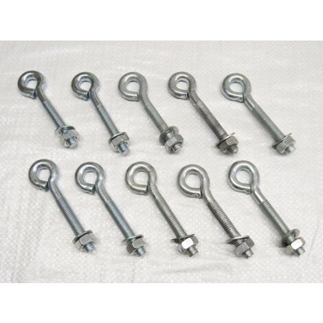 x10 M6 X 100MM Zinc Plated Folded Straining Eyebolts Nut & Washer - Wire Support Fencing Straining
