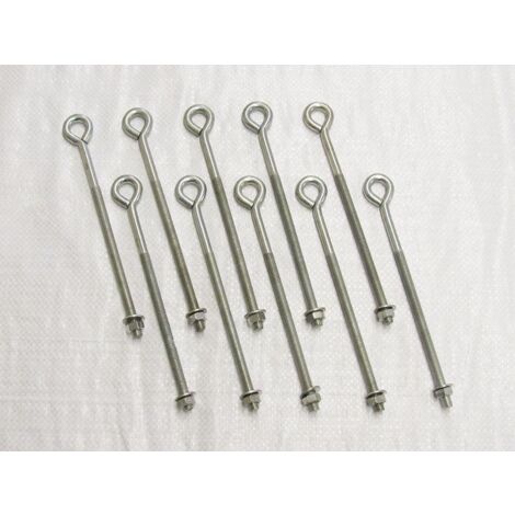 x10 M8 X 250MM Zinc Plated Folded Straining Eyebolts Nut & Washer - Wire Support Fencing Straining