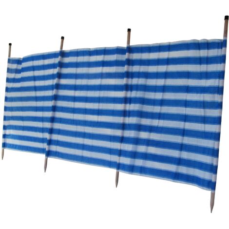 Wooden Pole Striped Camping Windbreak - Blue 2.3M (Beach Holiday Garden Weather Shelter)
