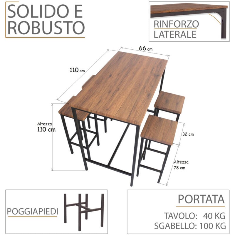 Set Tavolo Bar Rettangolare 110X66Xh110Cm E 4 Sgabelli Marrone Noce Mod.  Firenze
