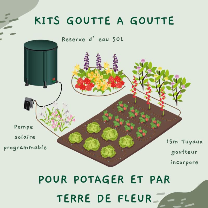Jardibric Kit Arrosage Goutte à Goutte Solaire Programmable 26 L/h – Pompe Autonome + 15m Tuyau Pour Jardin Écologique