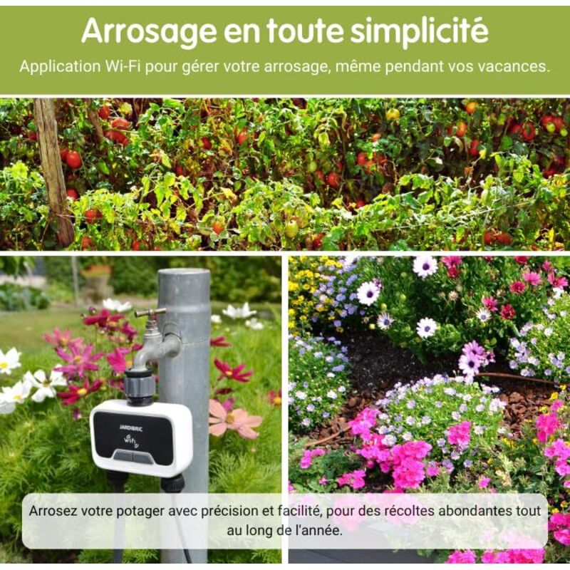 Jardibric – Programador WiFi de riego de 1 vía con aplicación Tuya Smart – Compatible con Google y Alexa – Impermeable IP54 – Modo manual y detección de lluvia – hasta 2100 L/h