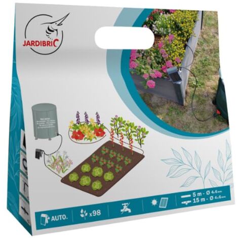 Kit Complet d'Arrosage Goutte à Goutte Jardibric avec Pompe Solaire Programmable : Débit de 26 L/h Aspiration Verticale Max de 2m 15m de Tuyau