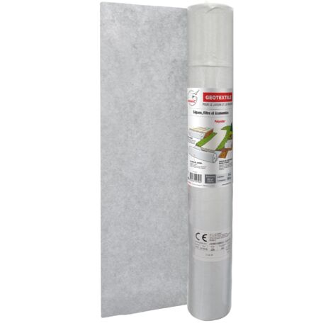 Rouleau Géotextile en Maille Anti Mauvaises Herbes Jardibric Polyester 100 GR/m² 2 X 25m empêche le mélange du terrain naturel avec le sable ou les graviers de vos allées de jardin