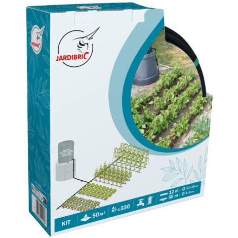 Kit Complet D'arrosage Goutte à Goutte Gravitaires 50m² Jardibric 50m de Tuyau avec Goutteur Incorporés Ø6 avec Piquet Filtre en ligne et 15m de Tuyau Ø16