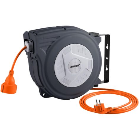 Jardibric – Dévidoir enrouleur mural électrique 25 m + 2 m – 230V AC – IP20 – 3200W déroulé – 1500W enroulé – Câble H05VV-F 3G1.5mm²