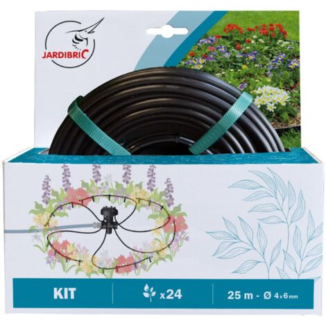 Kit Goutte à Goutte Jardibric Pieuvre Massif et Potager 25m de Micro Tuyau Ø6mm 1 Tête 6 Sorties Ø6mm avec Piquet 18 Goutteurs Réglables 06 L/h en Ligne et Fin de Ligne. (1/4)