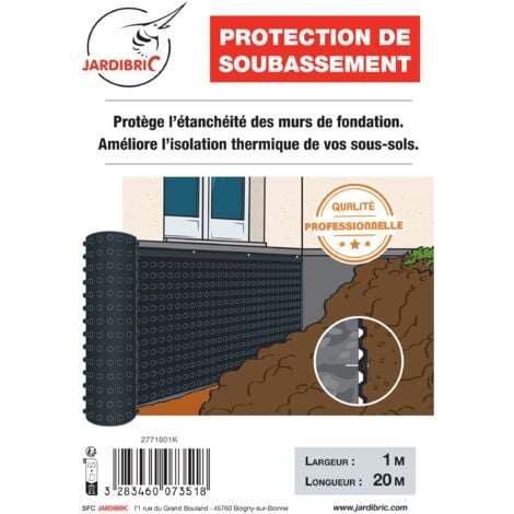 Membrane de Fondation PEHD Jardibric 1x20m – Noir à Alvéoles 400g/m² – Protection Murs Enterrés – 520 Microns