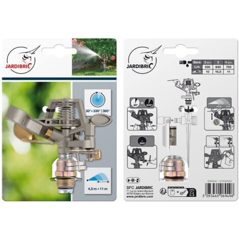 Asperseur rotatif Jardibric en métal brossé – Angle réglable 30° à 360° – Portée de 10 à 11 m – Haute portée