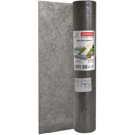 Rouleau Géotextile en Maille Anti Mauvaises Herbes Jardibric Polypropylène 2 x 25 mètres 100 GR/m² empêche le mélange du terrain naturel avec le sable ou les graviers de vos allées de jardin (1/3)