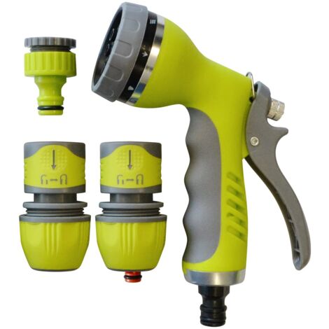 Set de Base d'Arrosage Jardibric 12/15/19 mm Pistolet en Métal Gainé, Raccord Bimatière Stop, 1 Raccord Bimatière et 1 Nez de Robinette 15x2120x27 (1/4)