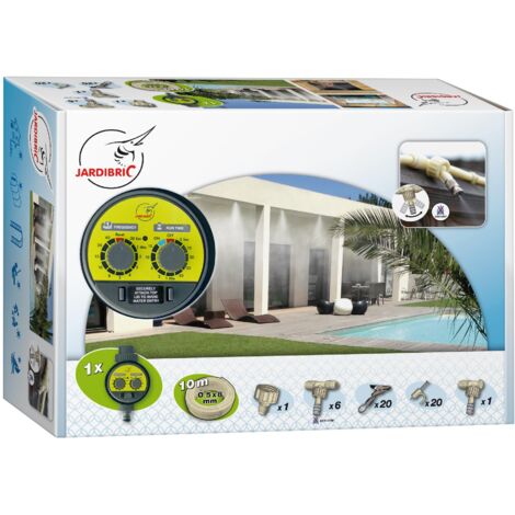 Jardibric – Kit de brumisation fixe avec temporisateur – Tuyau 10m – 6 jonctions étanches – Buses anti-goutte 2 bars – 20 pinces et cavaliers - BRU071