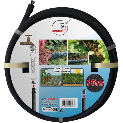 Jardibric – Tuyau poreux 15m – Débit 20 L/h – Pression 1 Bar – Longueur max 50m – Raccord rapide inclus – Irrigation précise pour potagers et massifs (1/5)