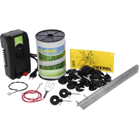Kerbl Hobby Weidezaun-Starterset mit 230-Volt-Netzgerät, Weidezaunband, Erdpfahl