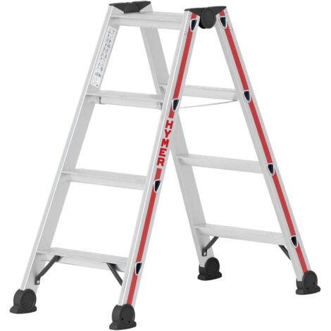 FP – Hymer Stufenstehleiter 2x4 Stufen – Aluminium – ergonomische 80 mm Stufentiefe – Tragfähigkeit 150 kg – Arbeitshöhe 1,92 m (1/5)