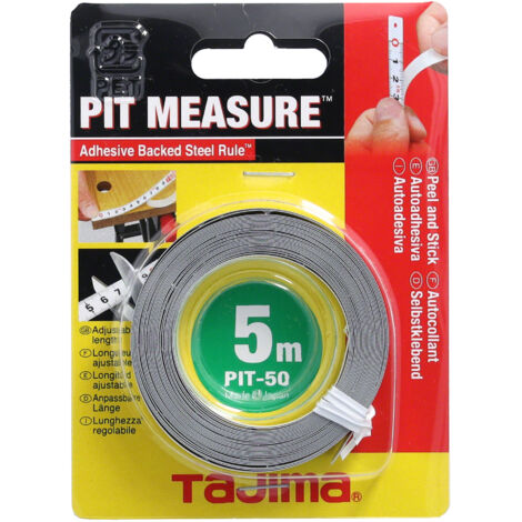 Maßband, Stahl Bandmaß PIT50, selbstklebendes Messband Länge 5 m, Breite 13 mm