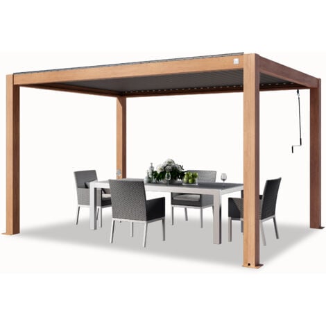 Pergola PRIMEYARD 3x3m Con Tetto Scorrevole - Gazebo Da Giardino In Acciaio Effetto Legno