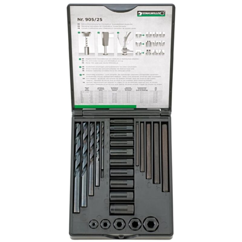 Stahlwille 905/25 Gewinde-Ausdrehsatz – 25-teilig Für Gewinde M5 Bis M16 (3/16" Bis 5/8"), In Grüner Kunststoffbox