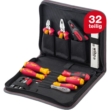 32-tlg. Wiha Werkzeugtasche kompakte inkl. Werkzeug mit Werkzeugmappe Elektriker Tragegriff Grundausstattung in I (41241) Set