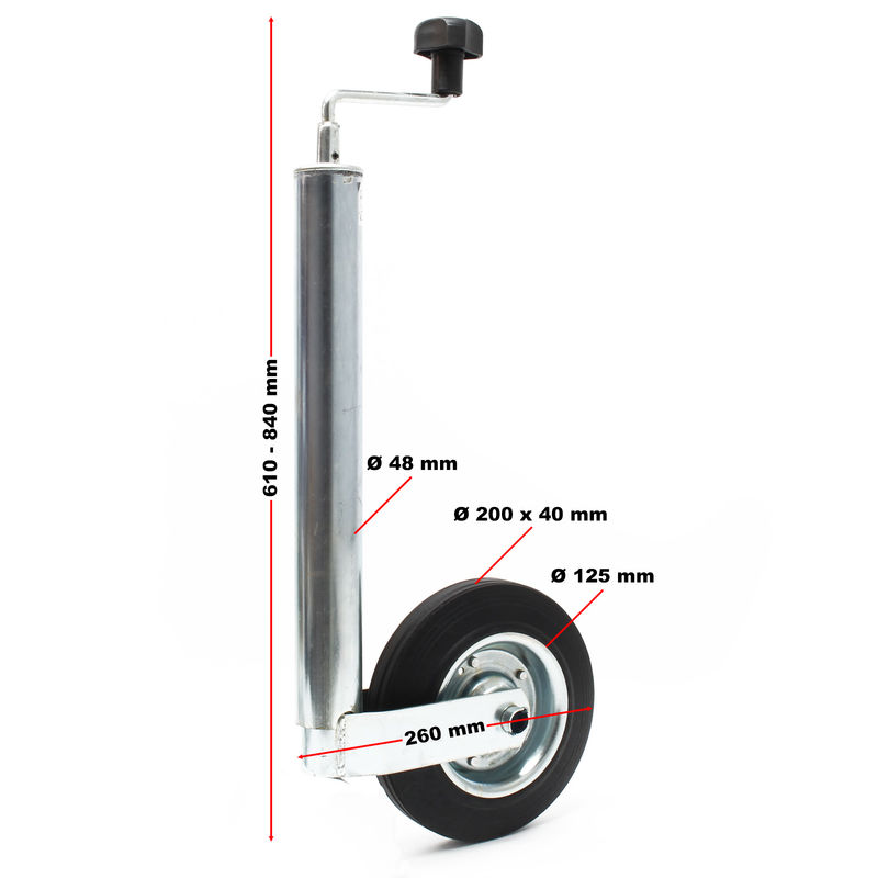 Ruotino di supporto per rimorchi con supporti e morsetti per carichi fino a  150 kg 48 mm