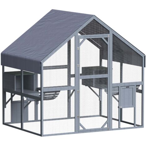 Wiltec Recinto per gatti da esterno 140 x 187 x 187 cm, recinzione antifuga in legno con telo di copertura impermeabile per il tetto, diversi livelli, per giardino, balcone, terrazzo