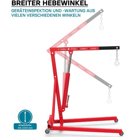 Wiltec gruetta idraulica da officina per sollevamento motori, gru manuale pieghevole con braccio regolabile, carico max 500kg