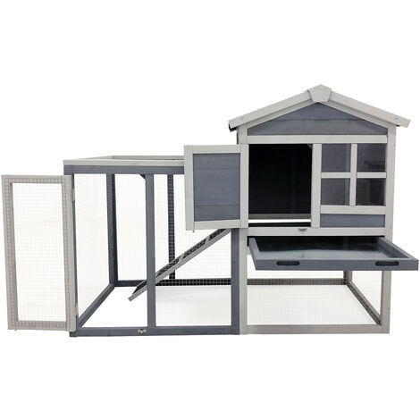 Conigliera con recinto esterno, rifugio rialzato grigio legno di abete