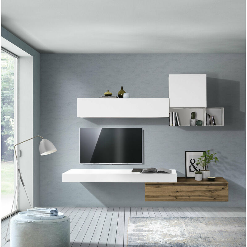 Soggiorno moderno PARIS, sala da pranzo con luci a led, rifinito in  Rovere/Bianco, misure: 250x190x42 cm profondità