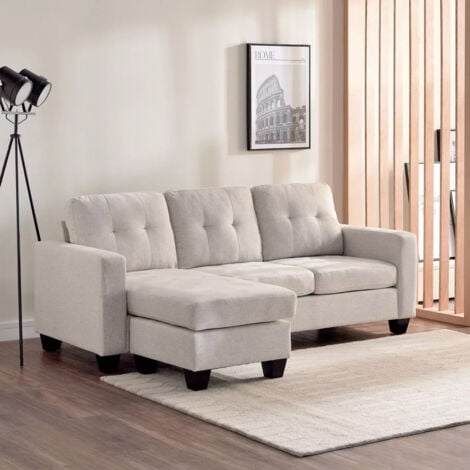 Luna Linen Fabric 3 Seater Convertible Sectional Sofa with Footstool in Beige