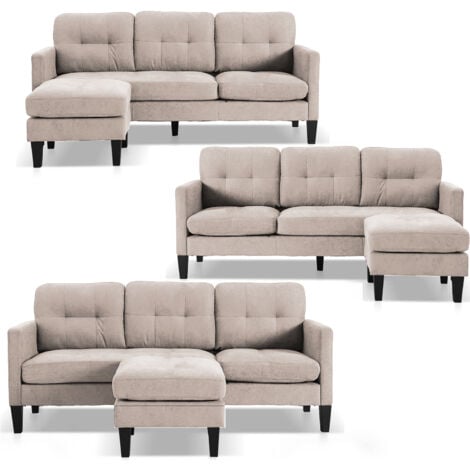 Luna Linen Fabric 3 Seater Convertible Sectional Sofa with Footstool in Beige