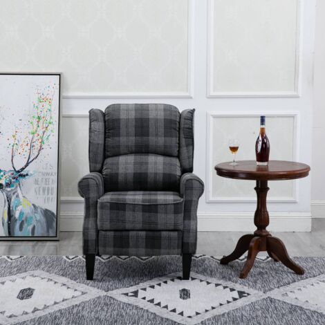 Eaton Tartan Fabric Push Back Recliner Armchair in Grey