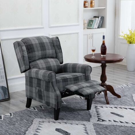 Eaton Tartan Fabric Push Back Recliner Armchair in Grey