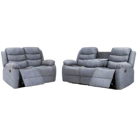 Roma Linen Fabric Recliner 3+2 Sofa Set with Cupholders in Grey
