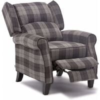 Luxury Life Eaton Tartan Armchair Fabric Manual Push Back Recliner. Gaming Bedroom Armchair (Grey) - Grey