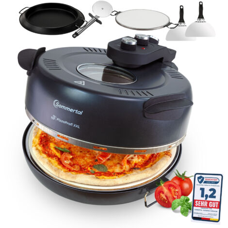 Sommertal PizzaProfi XXL Pizzaofen mit 39cm Steinplatte – Pizza Ofen elektrisch, schnelle 3-Minuten Pizza, bis 380°C – 5-teiliges Set mit Pfanneneinsatz, 2x Pizzaschieber, Schneider, Pizzastein