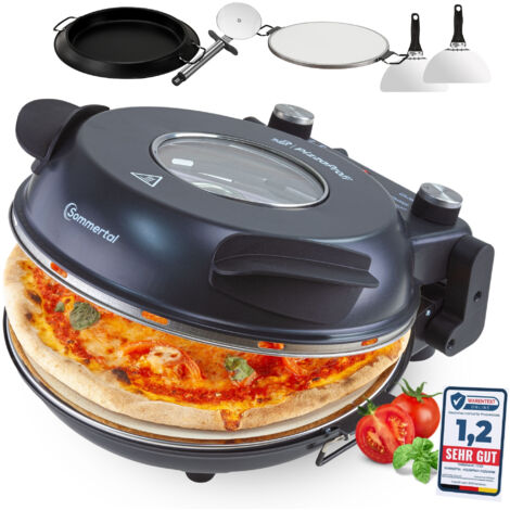Sommertal PizzaProfi Pizzaofen, 32cm Pizzastein, schnelle 3-Minuten Pizza, 5-teiliges Set mit Pfanneneinsatz, 2x Pizzaschieber, Pizzaschneider, Steinplatte, Sichtfenster, max. 400°C