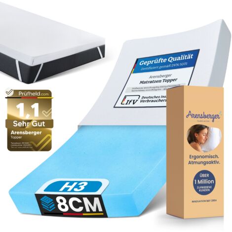 Arensberger Matratzen Topper PREMIUM, 160x200cm, Gelschaum Matratzentopper, waschbarer Bezug, geeignet für Federkern & Schaumstoff Matratzen, Höhe 8cm